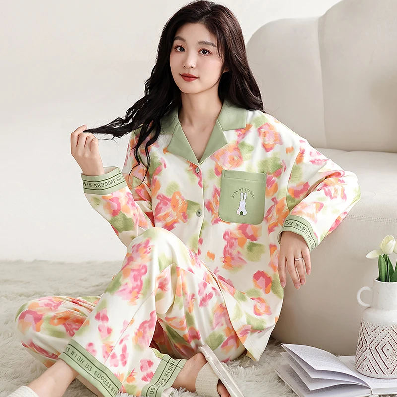 100%双面纯棉睡衣女春秋全棉长袖宽松大码甜美韩版休闲家居服套装