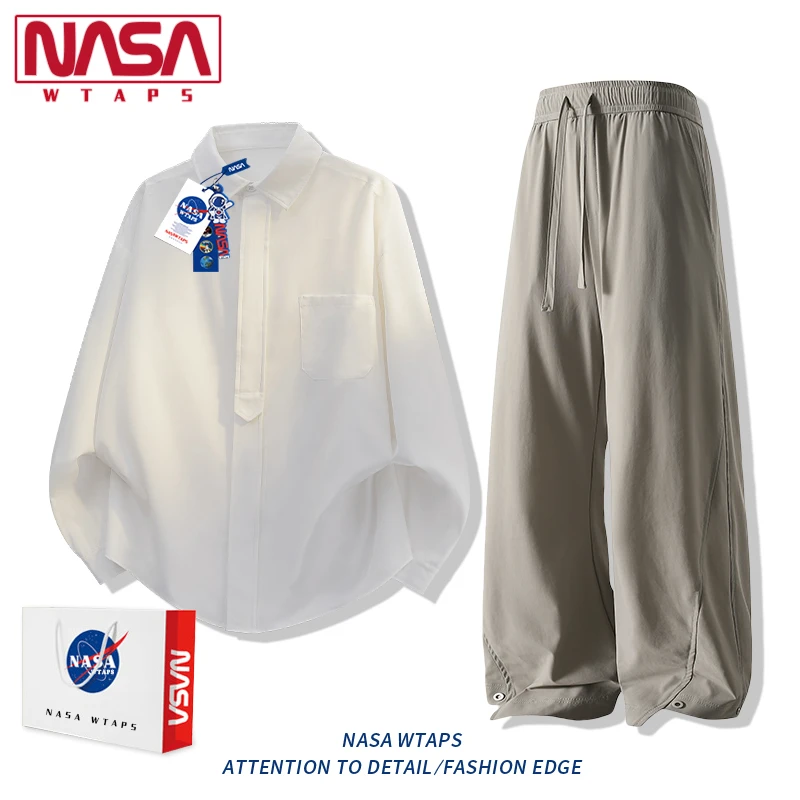 NASA WTAPS夏季长袖衬衫套装男士简约潮流痞帅休闲冰丝衬衣长裤装