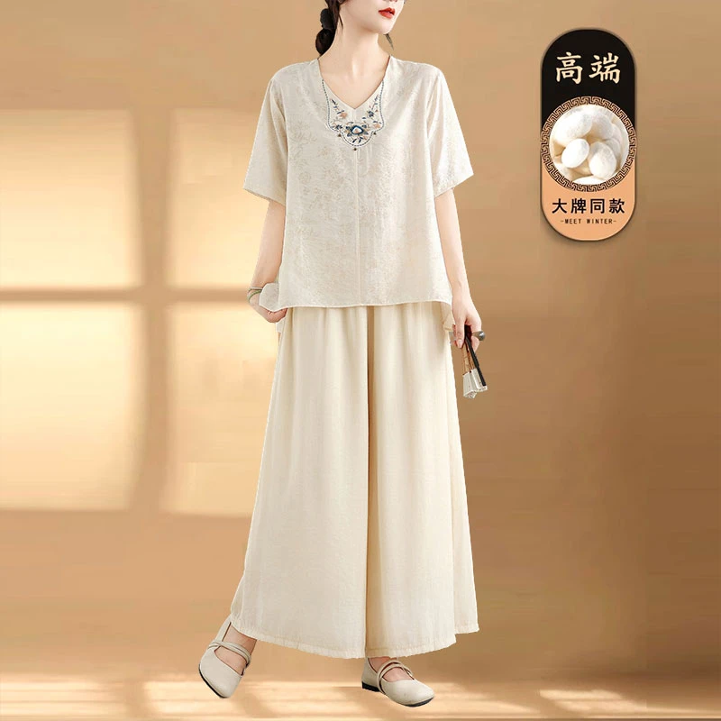 复古民族风亚麻套装女夏季2025新款中年妈妈宽松垂感阔腿裤两件套