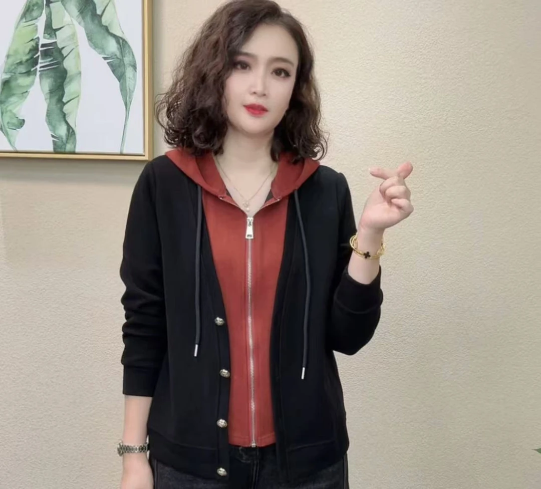 2025新款假两件拉链百搭时尚连帽开衫卫衣上衣598