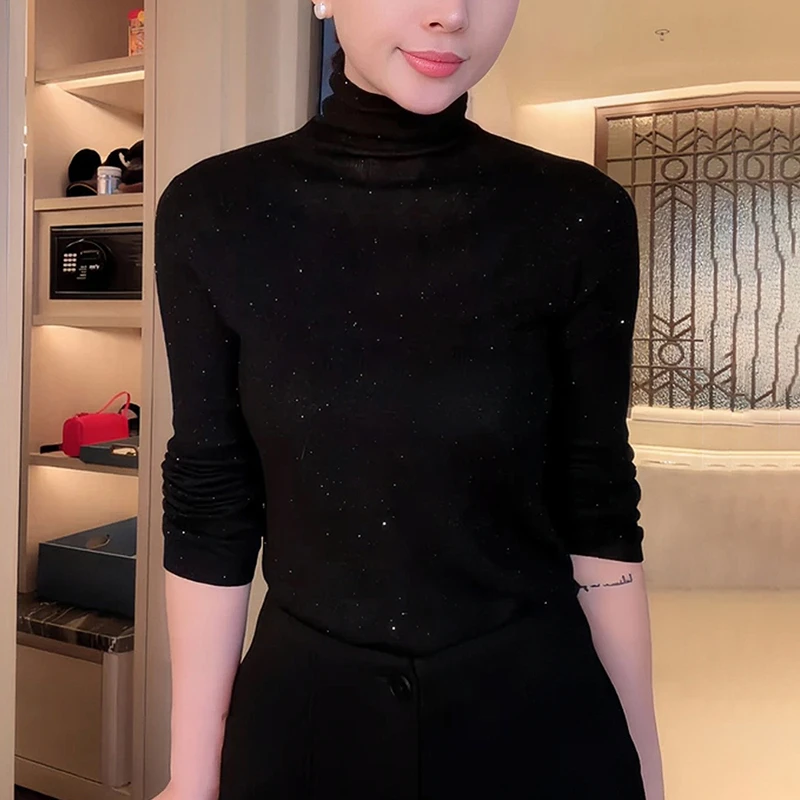 黑色高领长袖针织衫女士秋冬新款洋气减龄修身显瘦内搭打底衫上衣