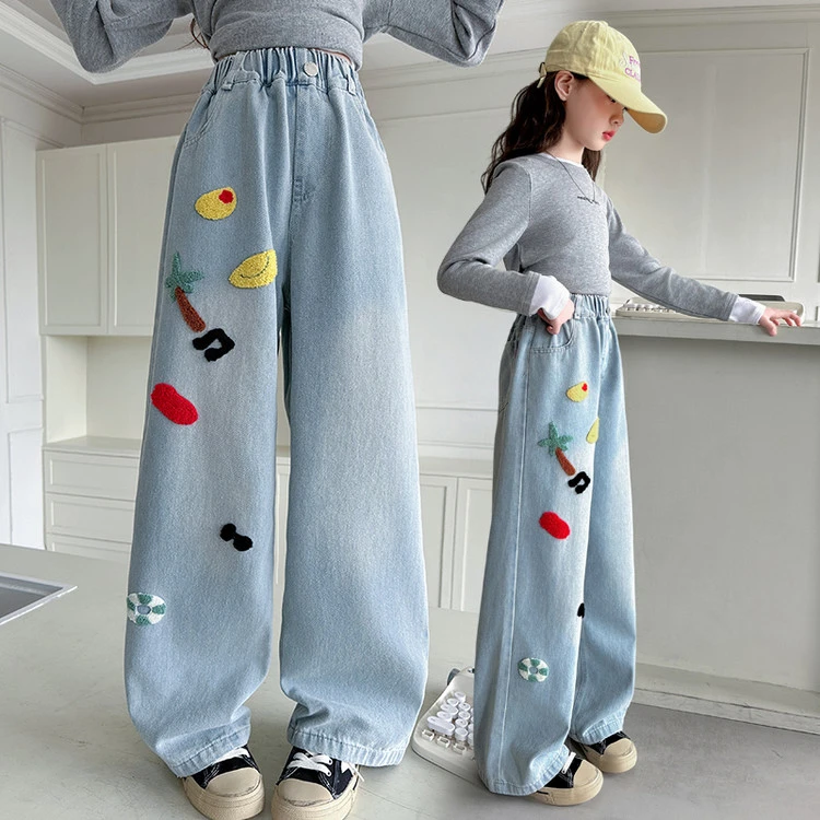 女童裤子春秋款2025新款春装儿童刺绣阔腿裤女孩大童牛仔裤初中生