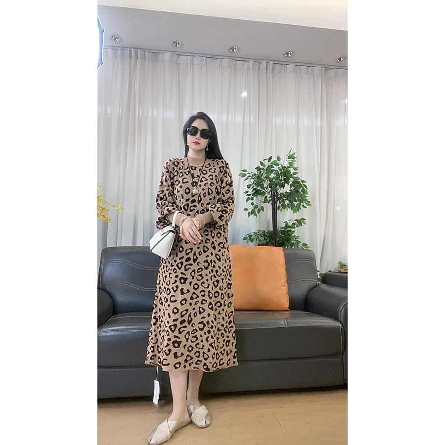 4650 豹纹针织长裙秋冬新款大码女装连衣裙气质长袖长裙