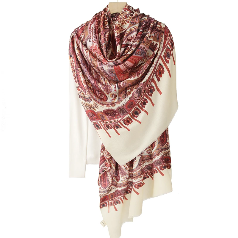 YZ～精纺加密印花桑蚕丝/澳毛大披肩秋冬长款民族风外搭休闲百搭