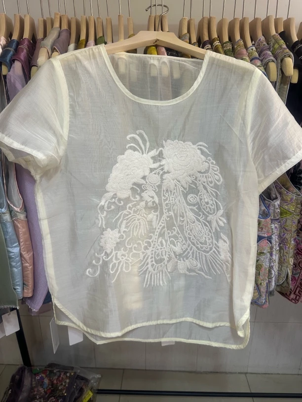 2025新款刺绣打底衫轻奢短袖上衣小圆领新中式复古风