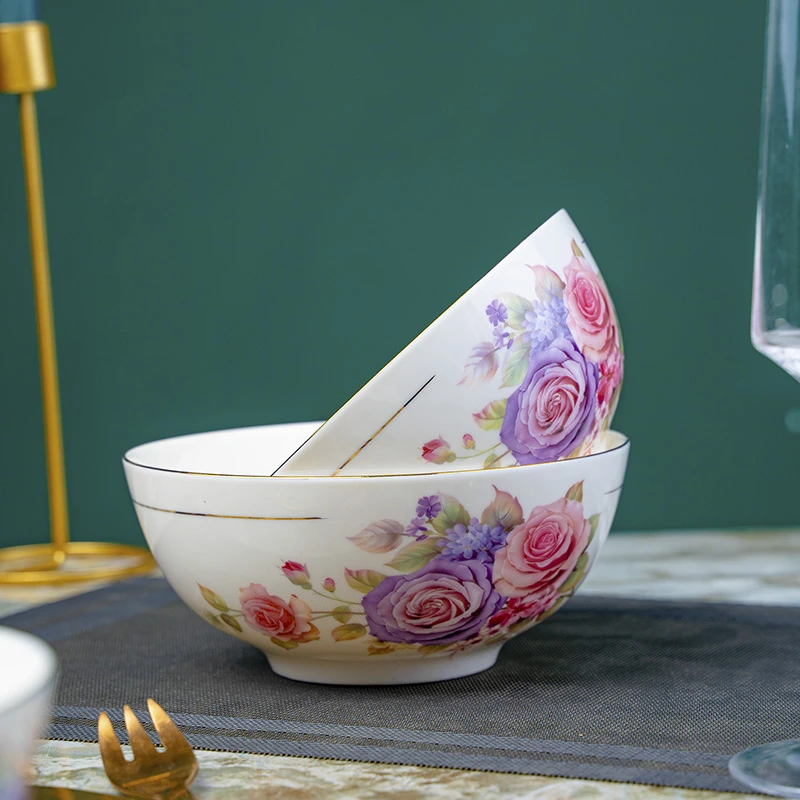 创新骨瓷碗汤碗面碗大汤碗平脚陶瓷拉面碗、家用简约玫瑰花7/8英寸