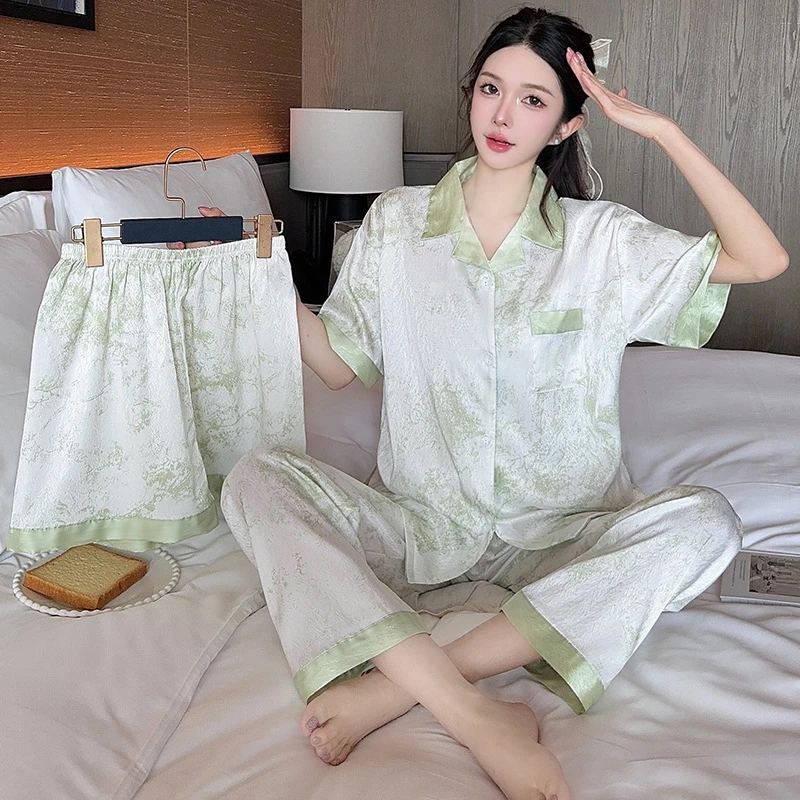 跨境质感睡衣女士冰丝青花瓷晕染印花短袖三件套可外穿家居服时尚