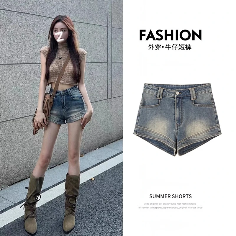牛仔短裤女辣妹美式美式休闲夏季薄款高腰修身显瘦做旧a字热裤子