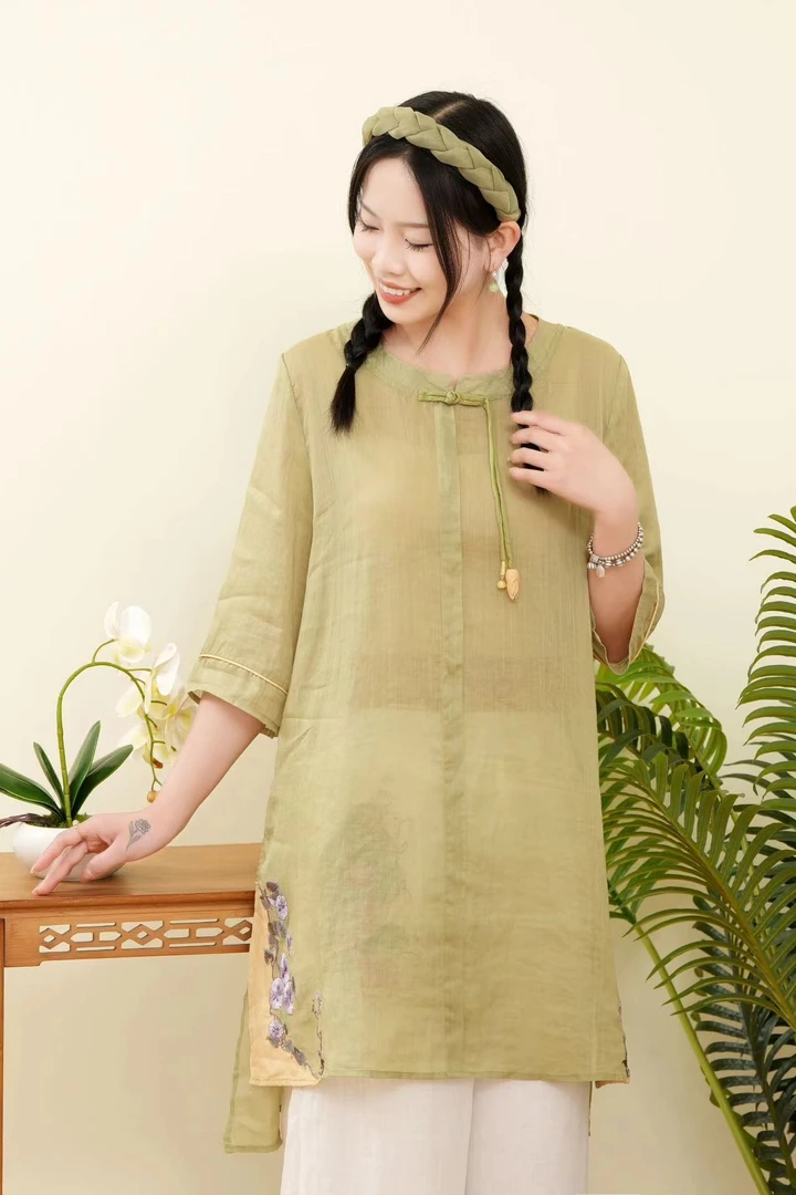 绿色苎麻大码宽松中式袍子中长刺绣文艺短袖连衣裙568105