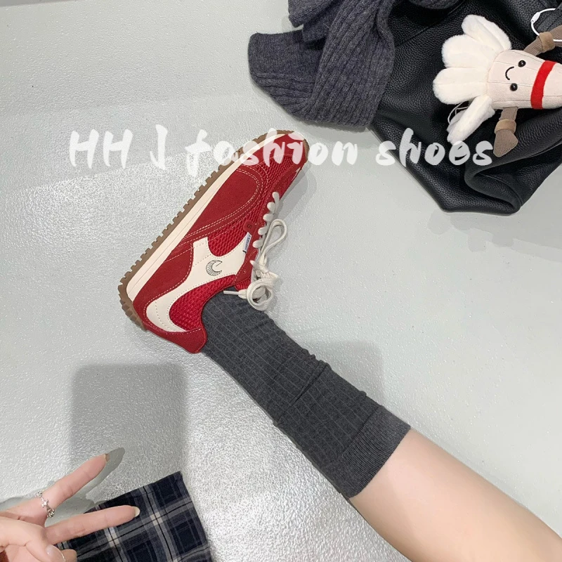 牛皮~时髦歪头拼色系带内增高6CM德训鞋女小月牙休闲运动德训鞋