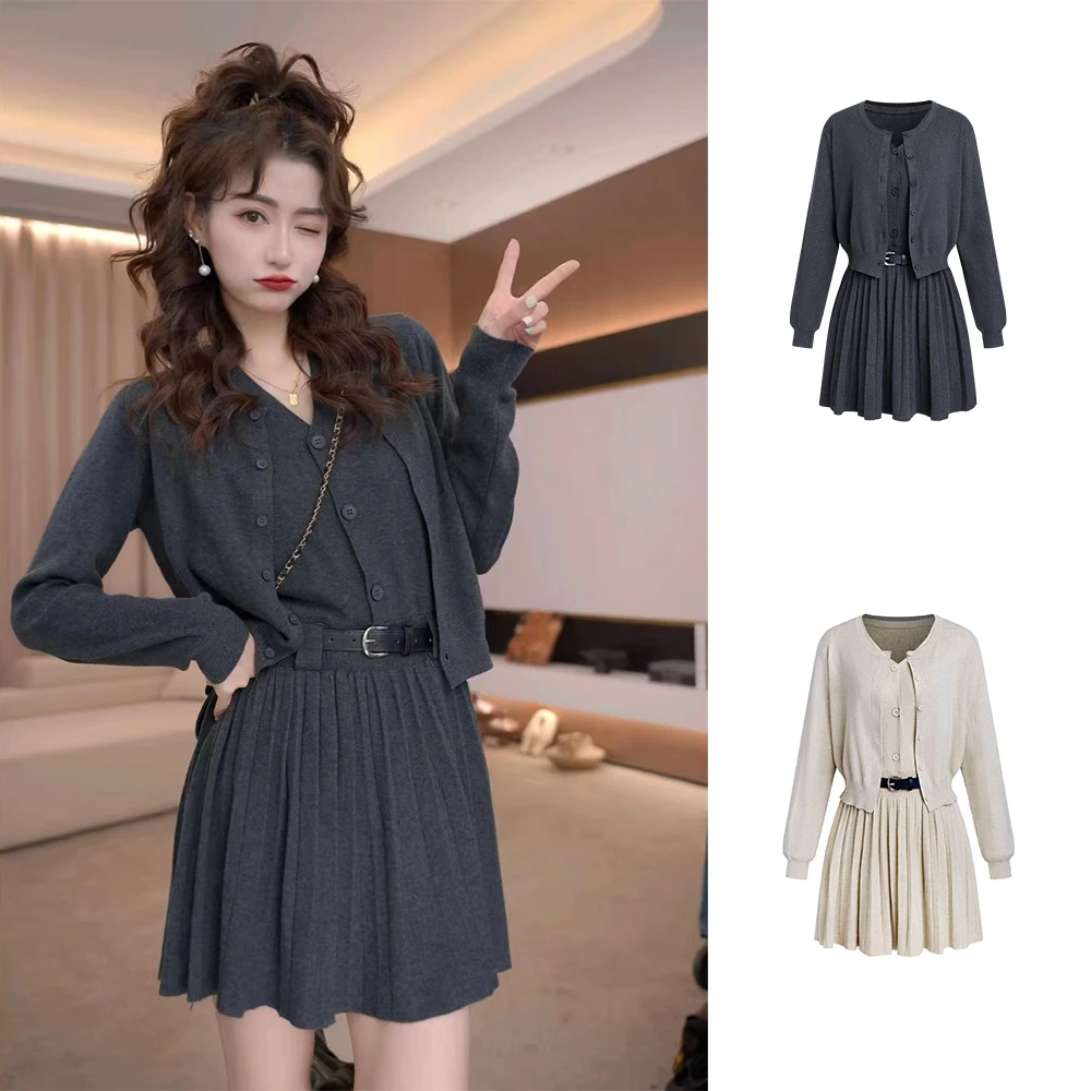 #6082新款早春2025软糯休闲百搭针织开衫+背心连衣裙套装配腰带