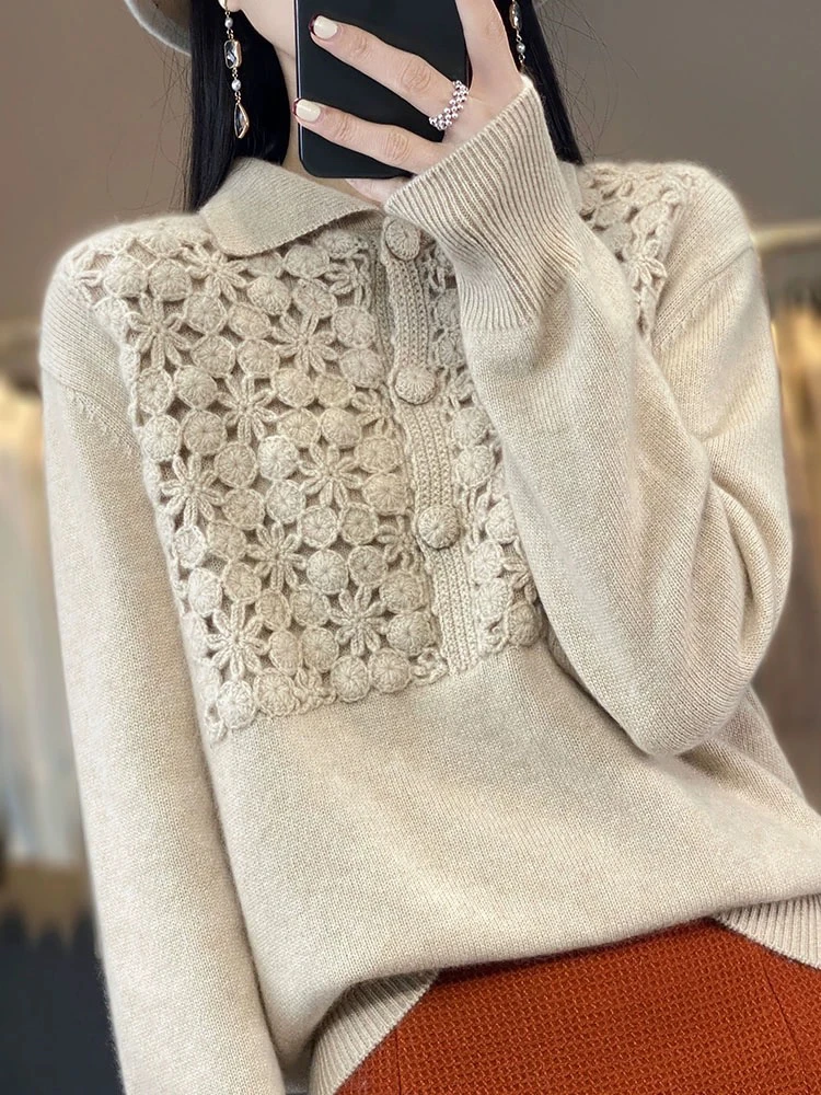 POLO翻领女短款宽松加厚毛衣重手工钩花7374针织打底