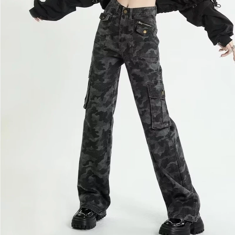 美式迷彩工装裤男女宽松直筒显瘦设计感裤子