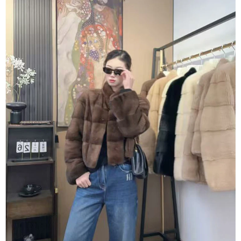 海宁2025新款横排咖啡立领真貂整貂水貂皮草女小红书爆款外套