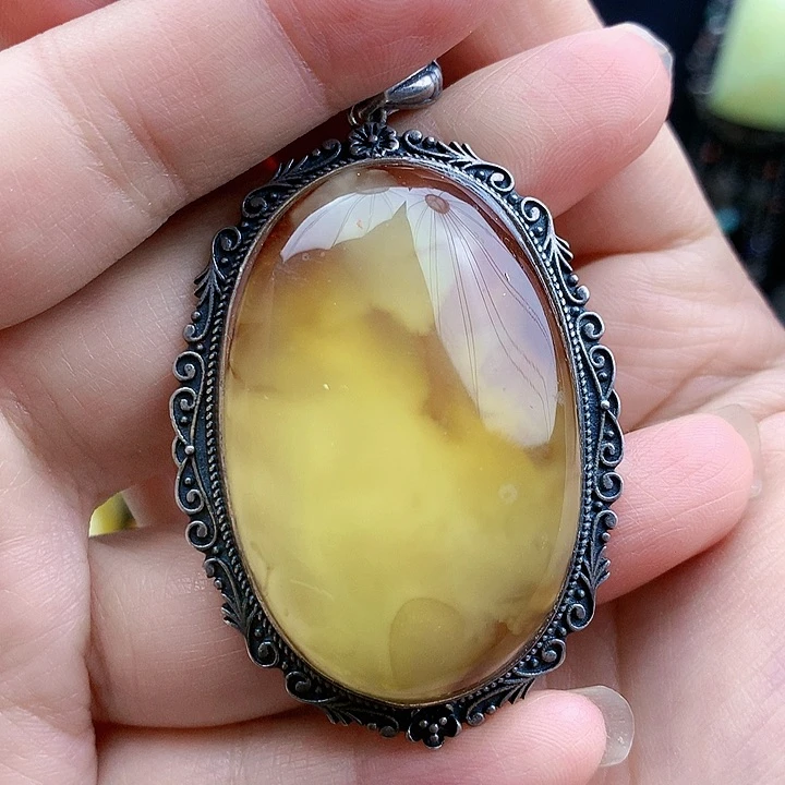 琥珀裸石银S925镶嵌坠