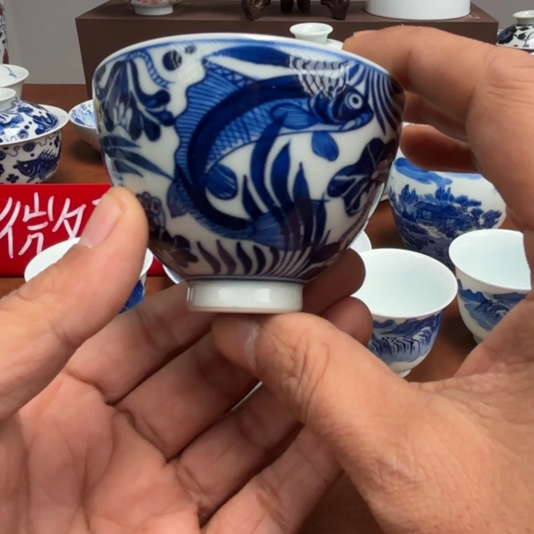 陶摆件手绘鱼藻纹微瑕鸡心杯景德镇发货