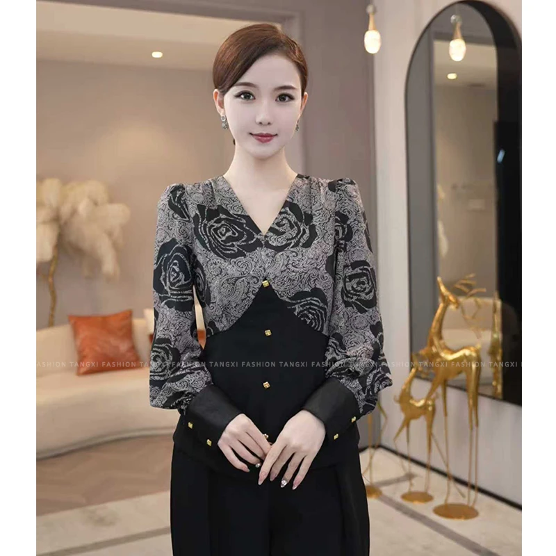 2025年春秋季爆款【X-Q177】修身显瘦高级感气质V领长袖印花衬衫女