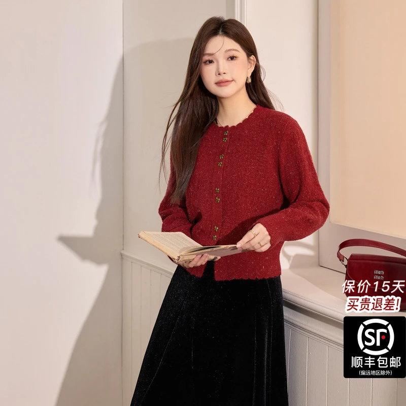 蓝语【新年圣诞红色毛衣】大码女装微胖mm加绒保暖气质显瘦丝绒裙