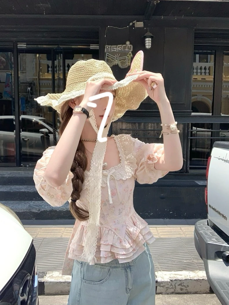 【张开心】 樱千结～后背蝴蝶结蕾丝粉色刺绣花朵甜美气质收腰上衣