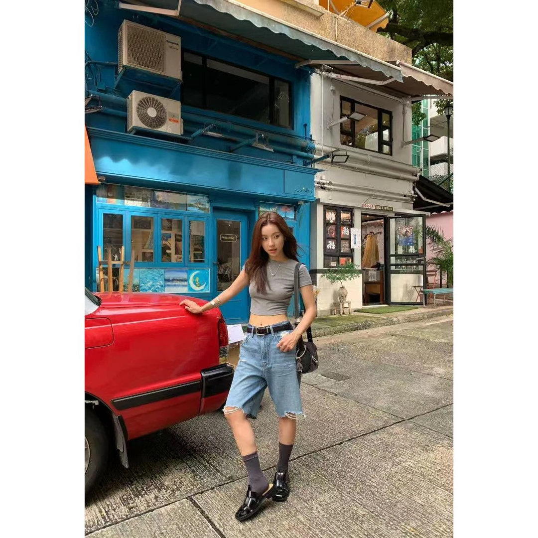 3102#（带腰带）韩系简约慵懒宽松显瘦百搭五分牛仔裤