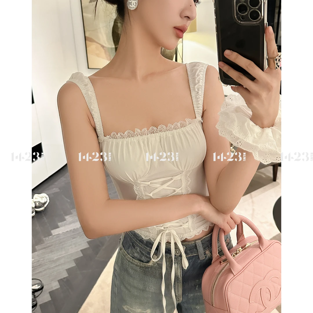 1423【简雅白蕾】时尚性感蕾丝拼接系带显瘦褶皱纯白女装吊带上衣