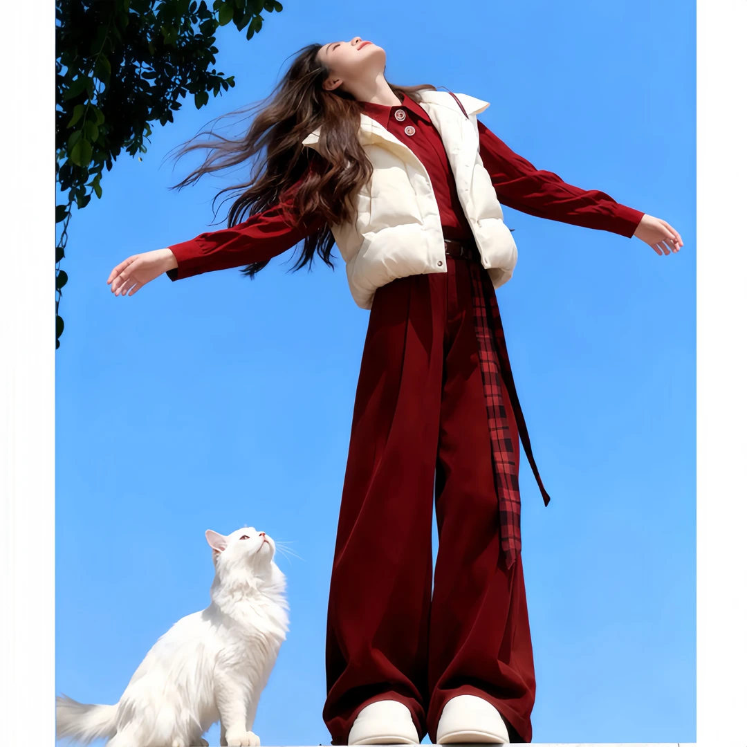 冬季时尚套装女2025新款学院风棉服针织上衣阔腿裤三件套