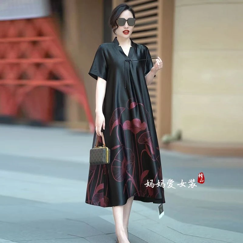 高品质阔太太连衣裙夏季新款50-60岁妈妈宽松遮肉减龄坠感长裙子