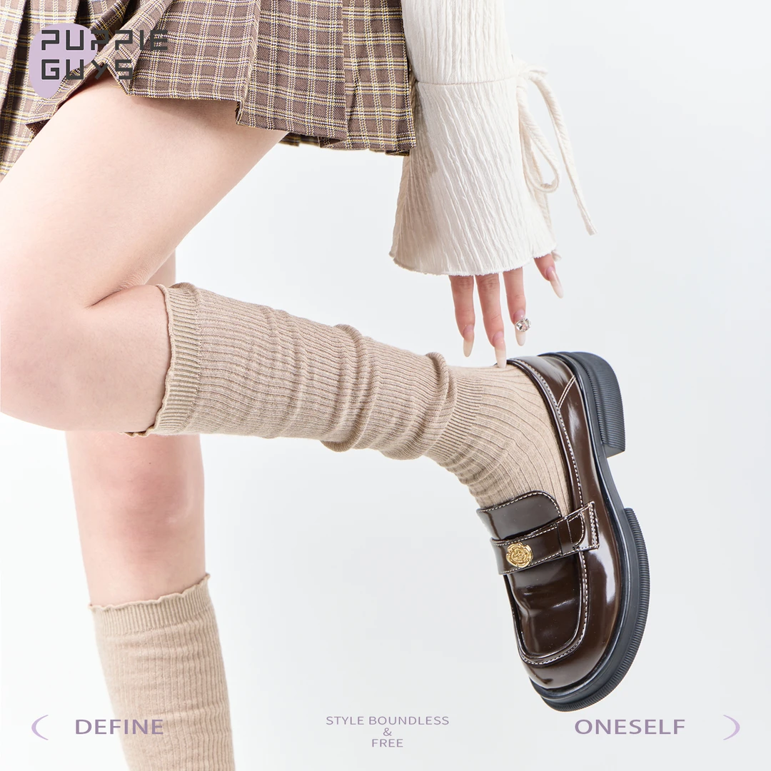 purpleguys咖色miu系长筒袜子女薄款透气芭蕾木耳边堆堆小腿袜