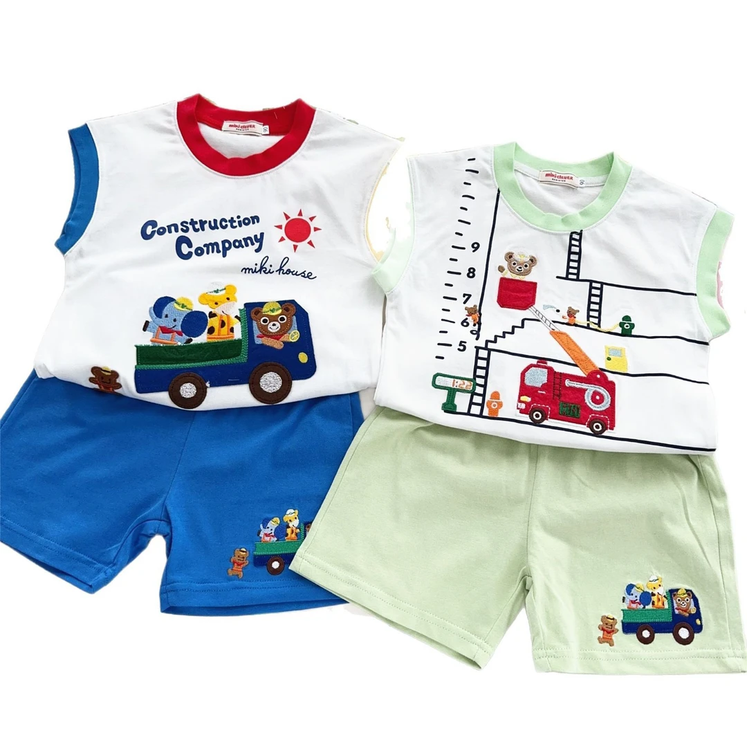 日系miki童装儿童工程车背心短裤套装25日系童装夏季新款男女童