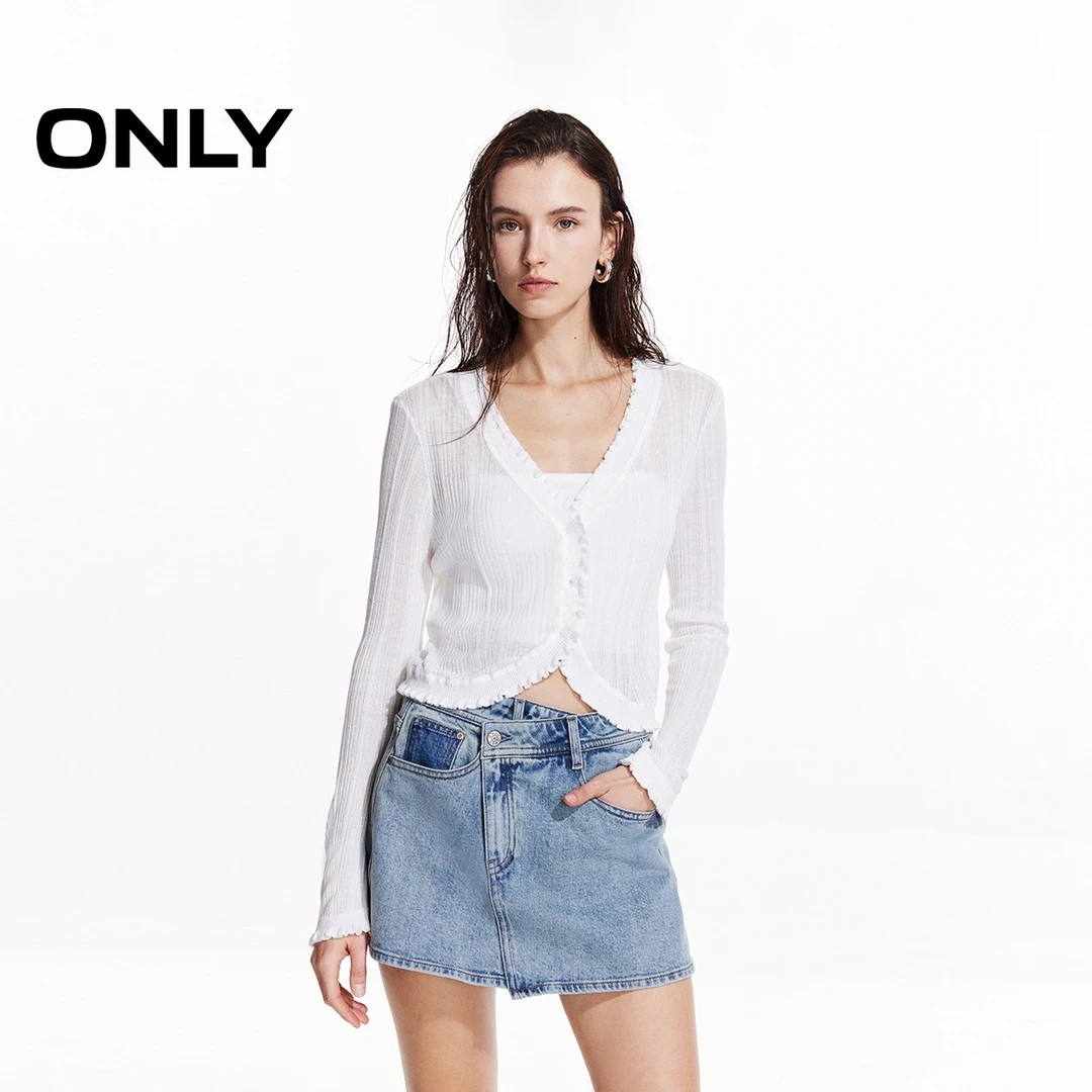ONLY秋季轻薄木耳边长袖开衫针织衫女纯欲慵懒风女装|12513A006