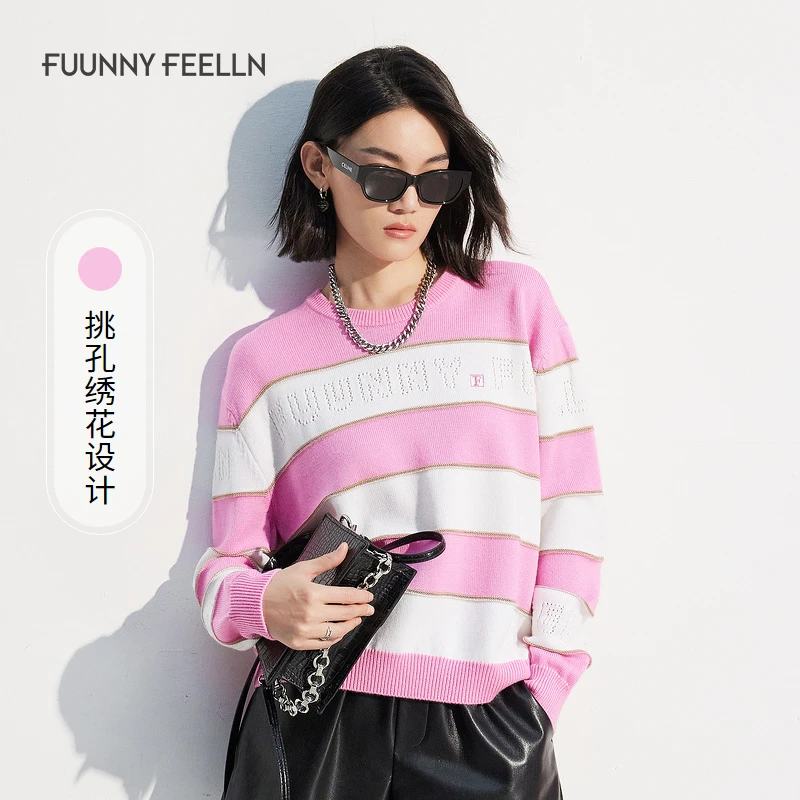 FF||仿佛春季复古绣花拼接条纹针织衫时尚女圆领卫衣长袖撞色秋冬