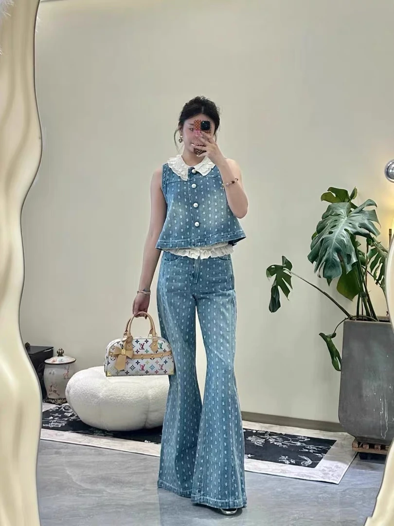 花颜氛围感蕾丝花边牛仔马甲阔腿裤套装2025春新款