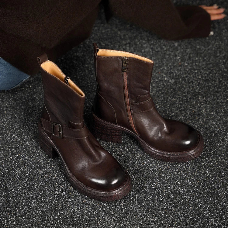 头层牛皮6.5cm～圆头高跟厚底短靴舒适英伦风切尔西靴女马丁靴短筒