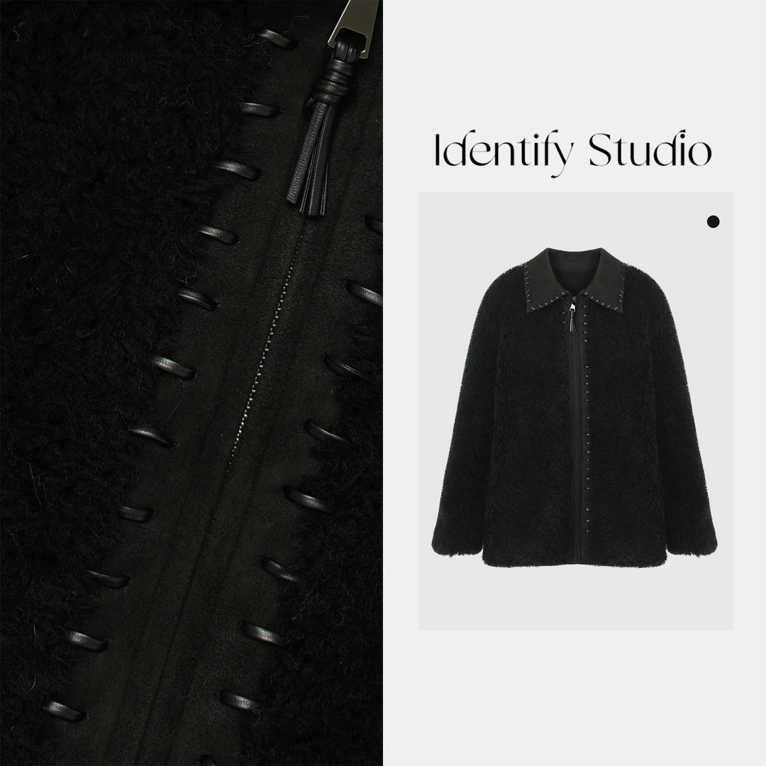 IDENTIFY冬季手工穿绳中长款翻领时尚纯羊毛外套25AWAD1213203