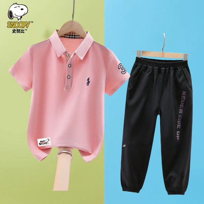 史努比男童短袖套装夏装2025新款中大童男孩翻领polo衫长裤两件套