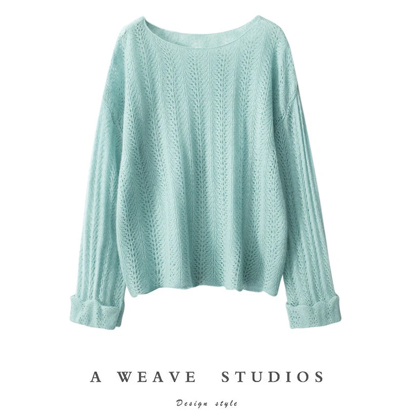 康家线100%山羊绒一字领重工镂空慵懒风女士上衣春秋夏