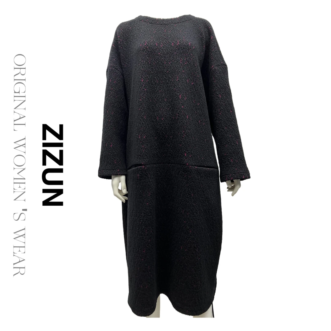 ZIZUN/秋冬圆领中长款提花连衣裙