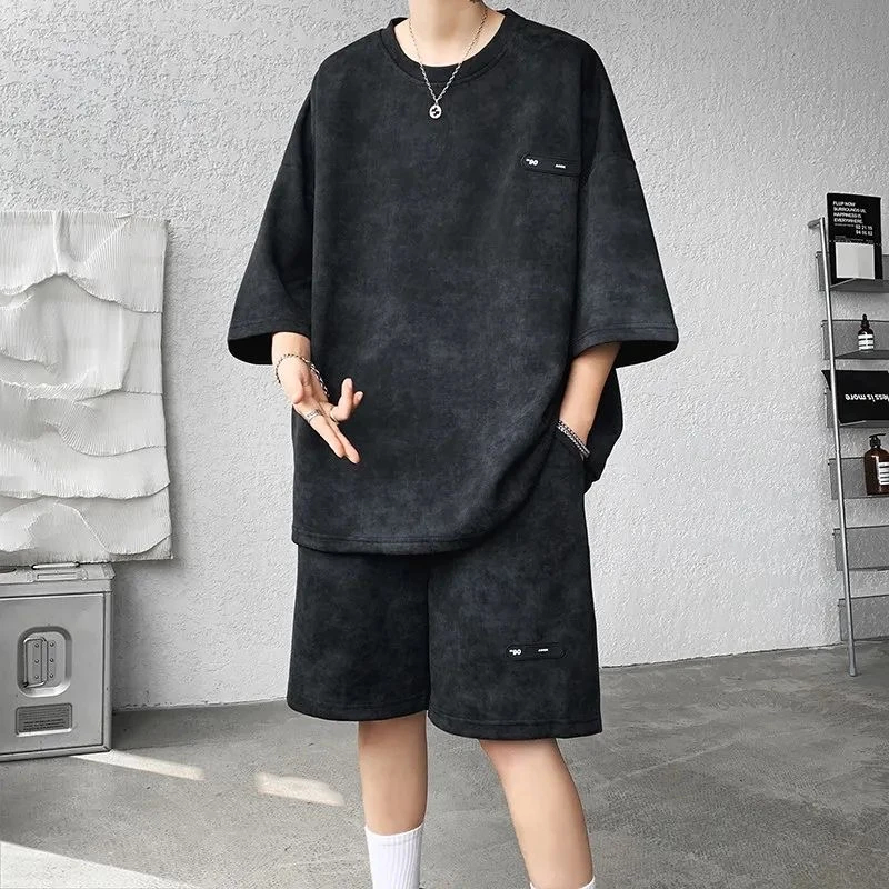 夏季套装男小众设计感扎染七分袖T恤短裤潮流酷帅穿搭男装两件套