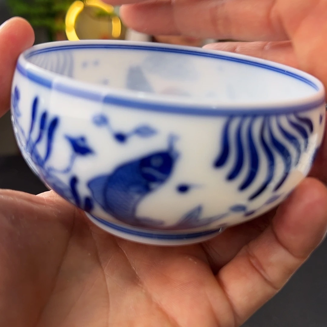 柴窑青花鱼藻罗汉杯一级品