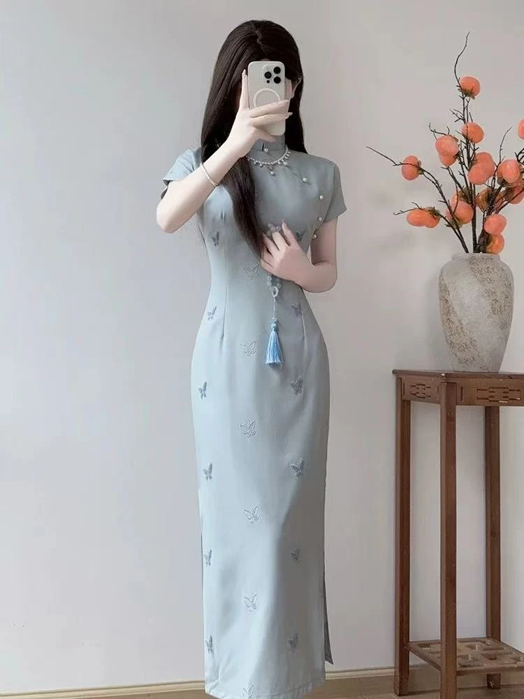 年轻款重磅高级『蓝雨蝶』旗袍