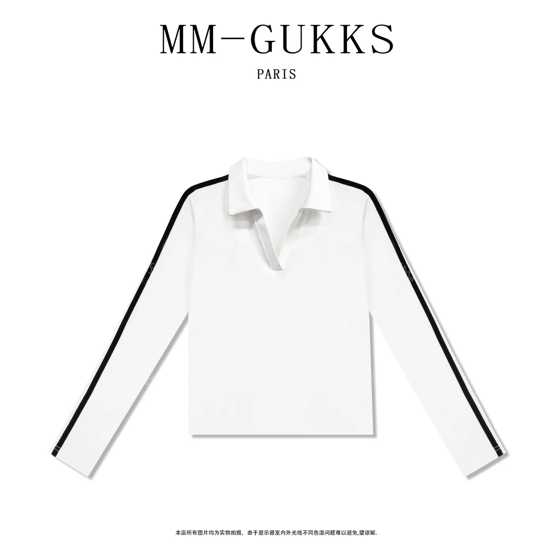 明明GUKKS/春季新款高级感洋气时尚条纹V领打底衫T恤设计师款