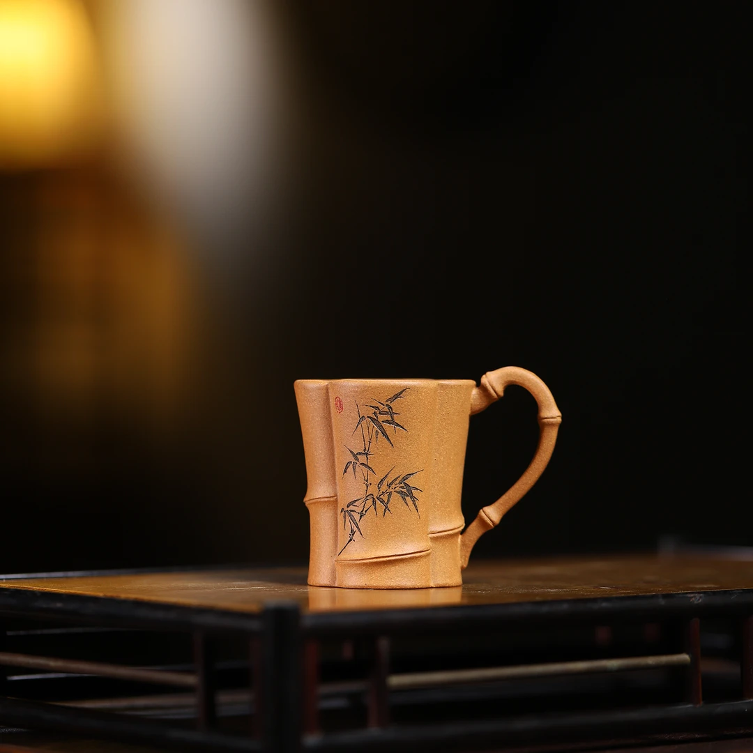原矿黄金段小竹节把手杯刻绘清风竹叶款容量大约70cc