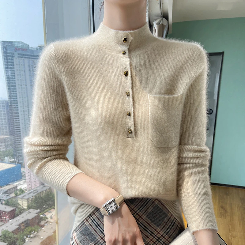 数点轻盈娇欲语~秋冬新款半高系扣套头羊毛衫女气质百搭毛衣时尚