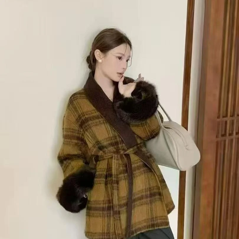 25078时尚百搭显瘦加厚保暖双面羊毛大衣女2025秋冬新款系带外套