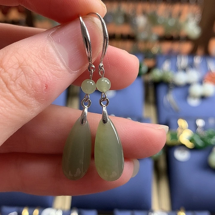 和田玉银S925镶嵌耳饰水滴晴水