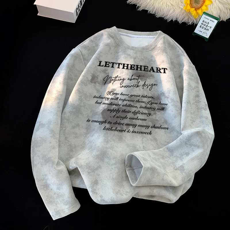 慵懒风男装重磅长袖T恤秋季打底衫流光风扎染长袖t恤男款圆领卫衣