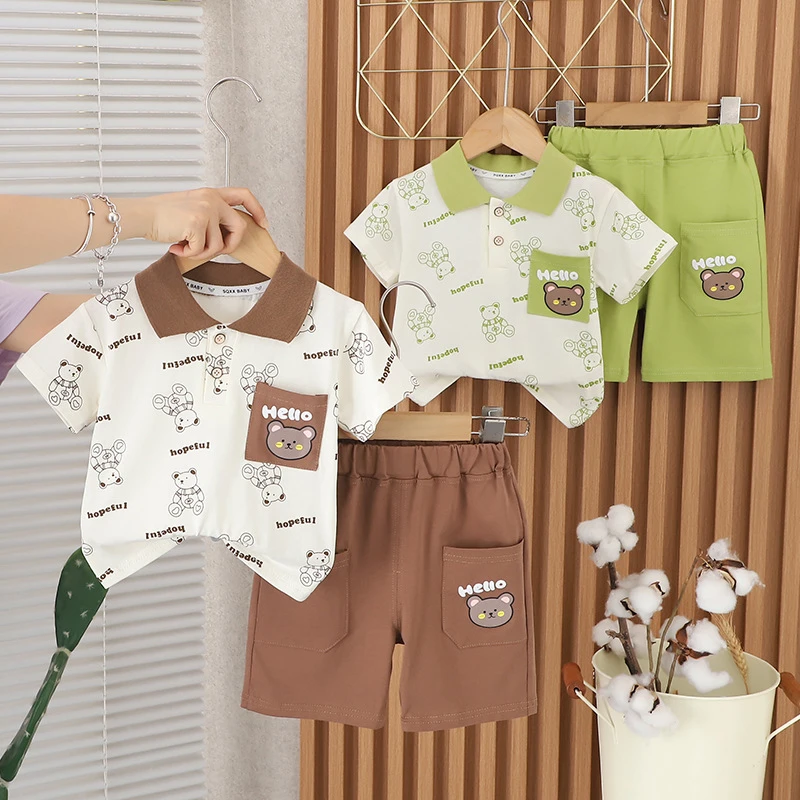 春夏新款男童卡通口袋翻领短袖棉质休闲短裤套装宝宝夏季薄款A类