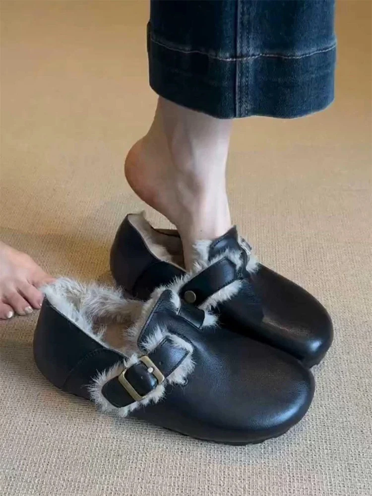 牛皮版～复古黑色全包加绒平底勃肯鞋女大码保暖棉鞋