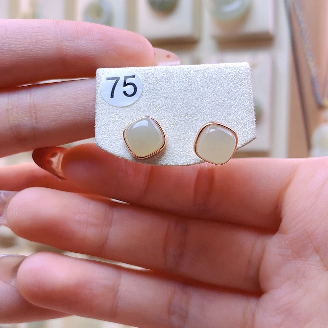 和田玉耳饰银S925镀金镶嵌