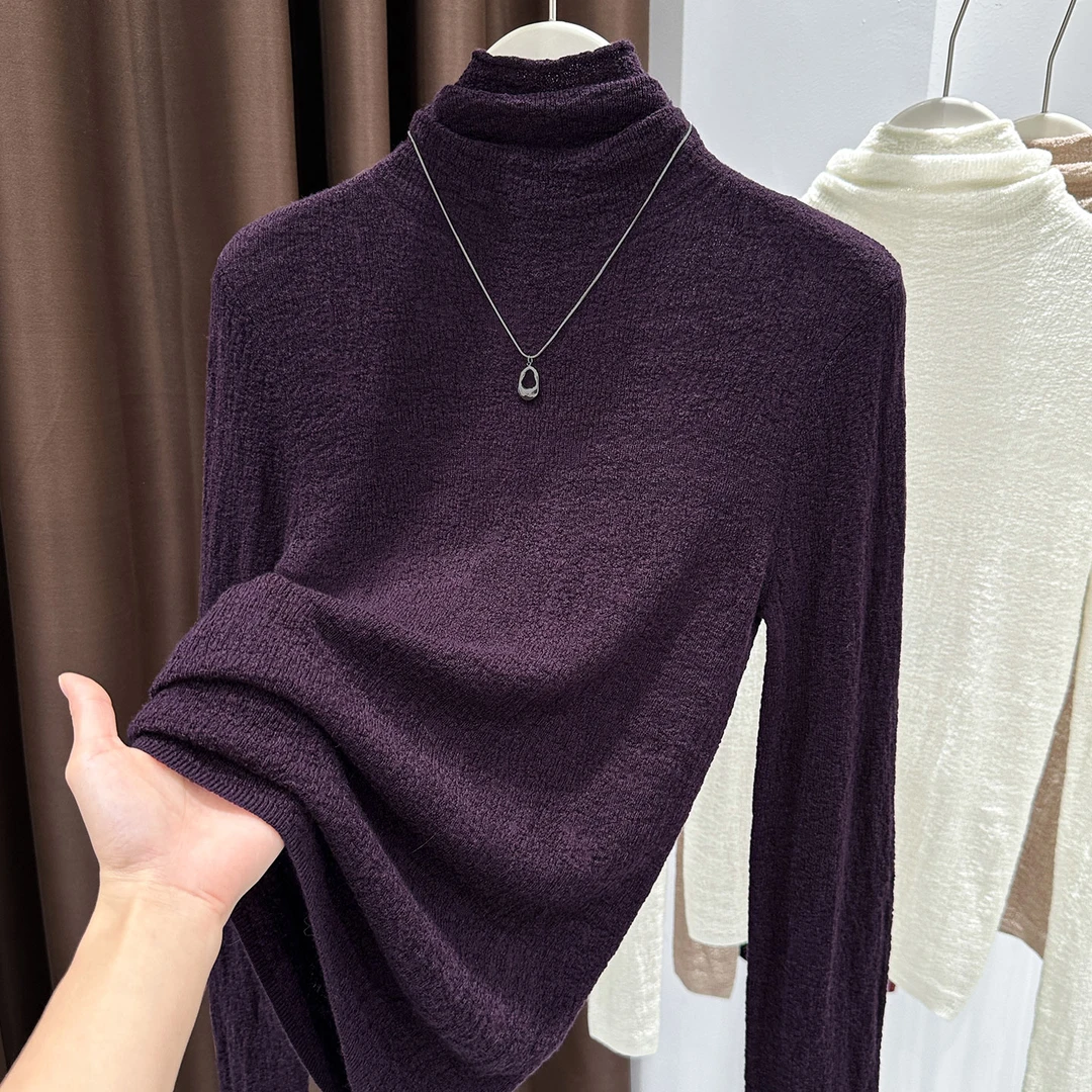 紫色薄款堆堆领套头长袖上衣女秋冬爆款设计感内搭软糯针织打底衫